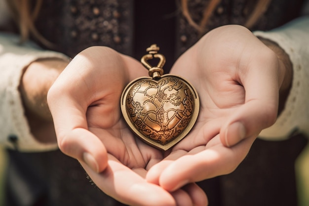 Closeup of a couple's hands holding a heart shaped locket symbolizing cherished memories