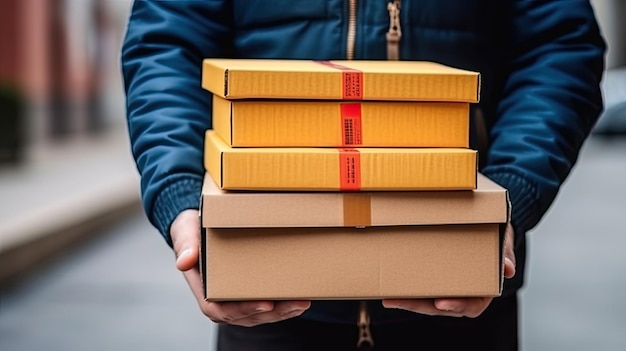 Closeup courier delivering boxes