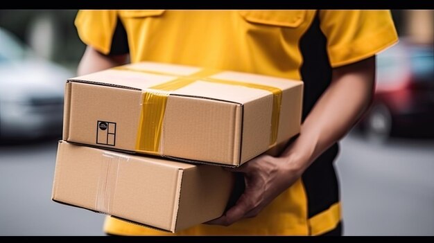 Photo closeup courier delivering boxes