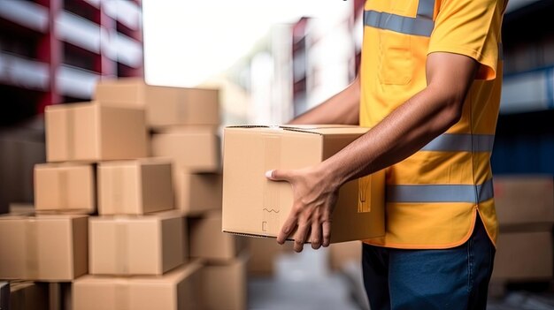 Photo closeup courier holding cardboard boxes with parcels inside for delivery