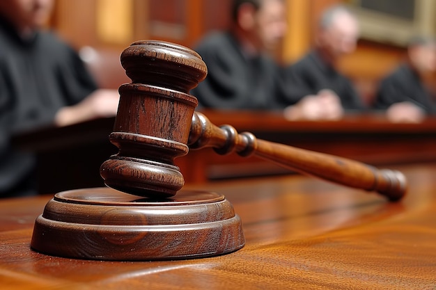 Closeup of a court gavel on a table in court with lawyers in the background Law and justice concept