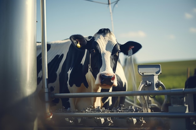 Photo closeup of cow udder and milking machine on farm