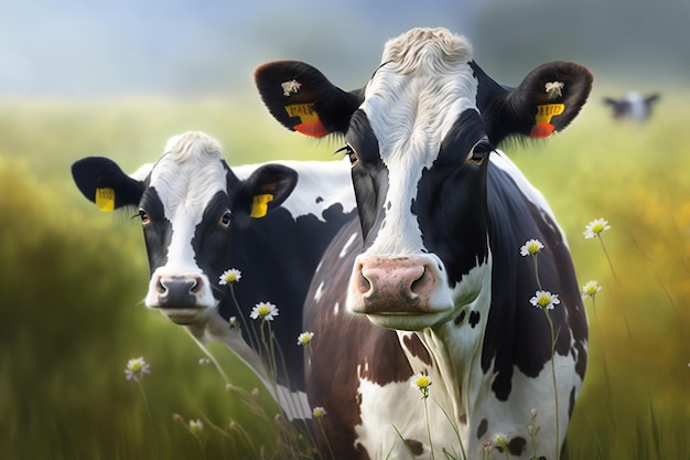 A closeup of cows grazing on a picture meadow Generative AI