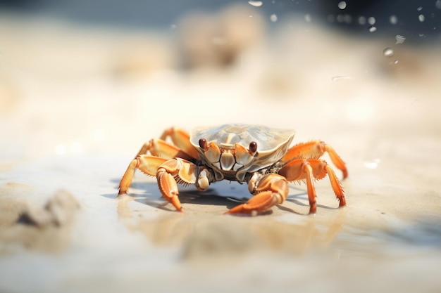 Closeup of a crab scuttling across the sand