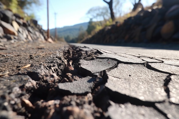 Closeup of cracked asphalt due to mudslide created with generative ai