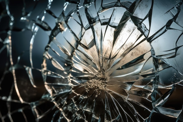 Closeup of cracked glass with reflections and light visible