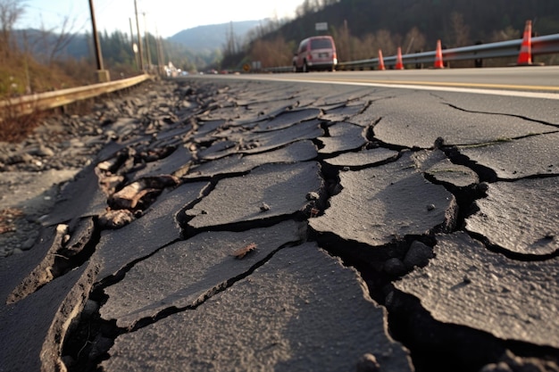 Closeup of cracks in asphalt after mudslide created with generative ai