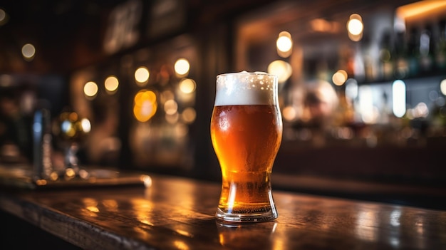 closeup craft beer on the wooden bar