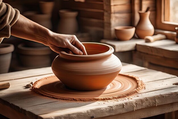 Closeup craftsman working on pottery wheel while sculpting from clay pot background workshop