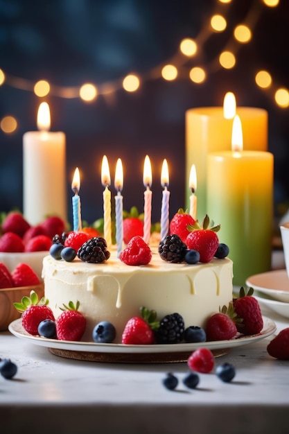 closeup of a creamy birthday cake with berries and candles on the family kitchen table people celebrating in the evening in the blurry background wallpaper for web design or print