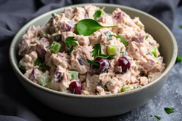 Closeup of creamy tuna salad with red onion and capers created with generative ai