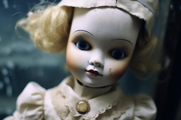 a closeup of a creepy porcelain doll with a cracked AI generated