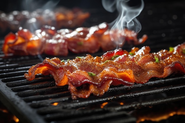 焼きそばですすりすすりする脆いベーコンのクローズアップ