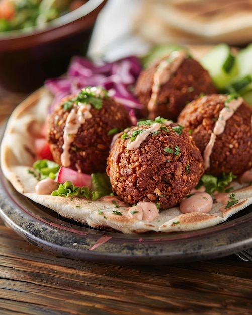 Foto close-up di palle di falafel croccanti servite su una pita calda con verdure fresche e salsa tahini