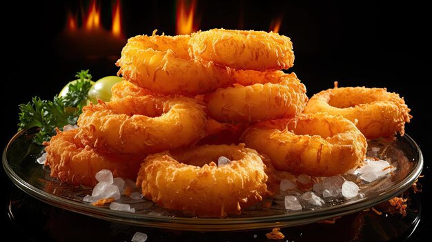 Closeup crispy onion rings with sweet sauce on wooden table with black and blur background