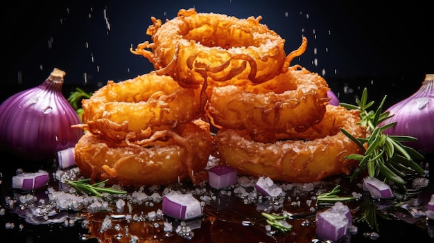 Closeup crispy onion rings with sweet sauce on wooden table with black and blur background