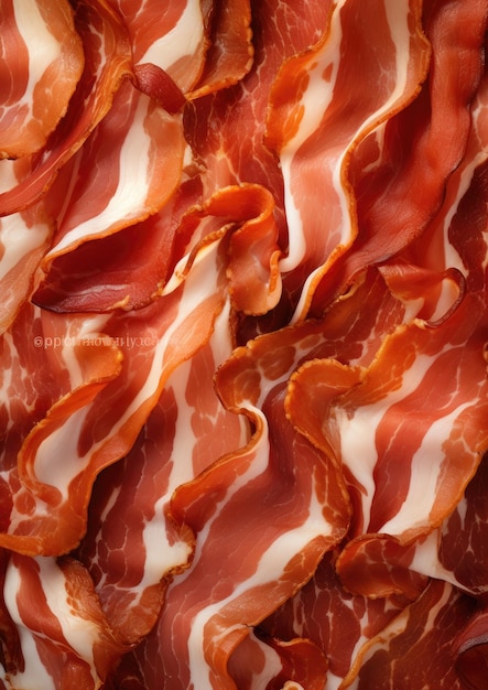 Photo closeup of crispy slices of baked bacon generative ai