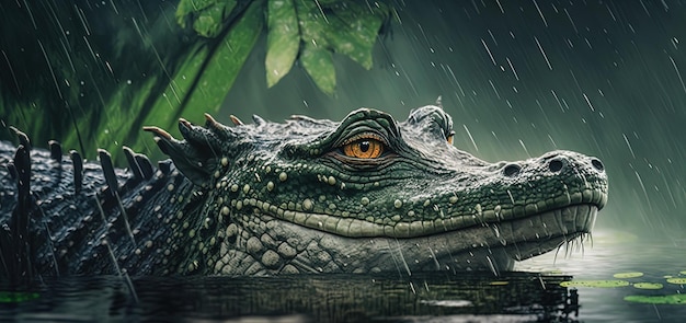 Крупный план крокодила, плавающего в наложенном озере в джунглях в дождливый день. Сгенерировано с помощью ИИ.