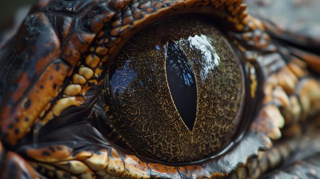 A closeup of a crocodiles eye showing the creatures vertical pupil and the reflection of the surrounding environment in its iris