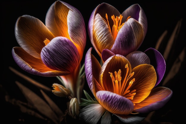 Closeup of crocus blooms against dark background created with generative ai