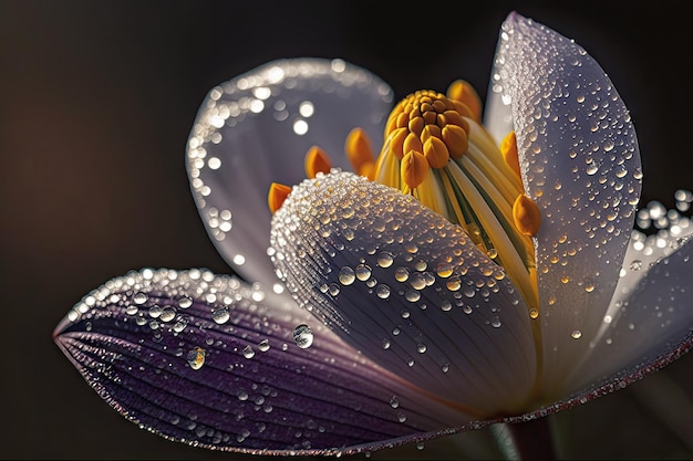 花びらに露が落ちるクロッカスの花のクローズアップ