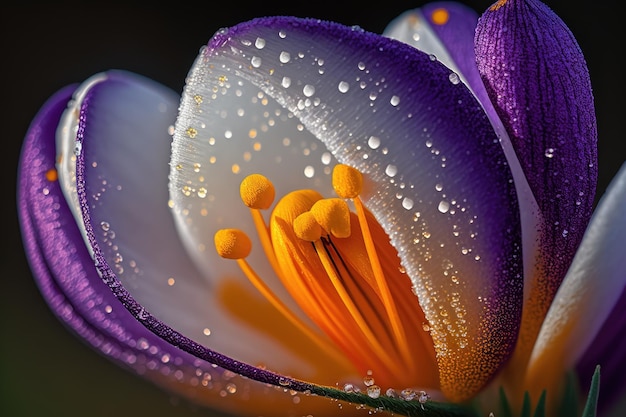 Closeup of crocus flower in full bloom with dew drops on petals