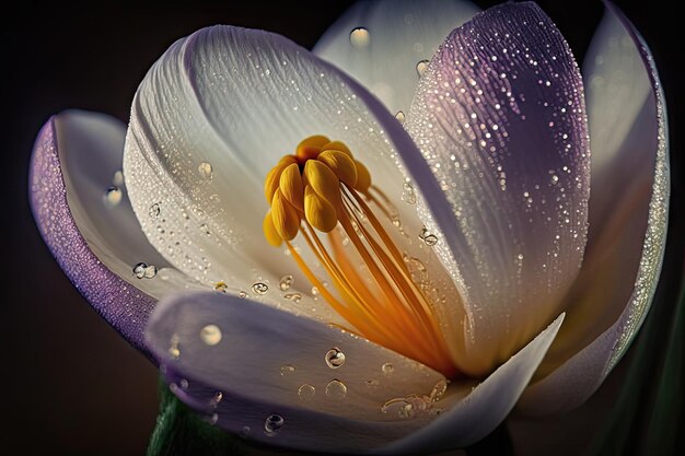 Closeup of crocus flower in full bloom with dew drops on petals