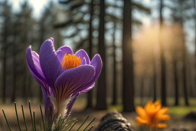 そびえ立つ木々を背景にしたクロッカスの花のクローズアップ