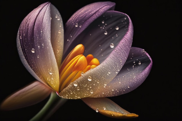 Closeup of crocus flower with dew drops on petals