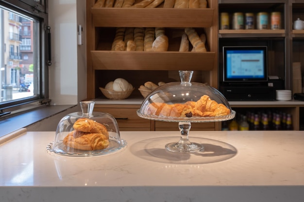 Foto primo piano di croissant ruota al rallentatore prodotti da forno fatti in casa pronti da mangiare