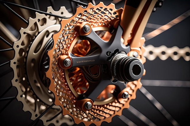 Photo closeup of cross bikes gears and brakes