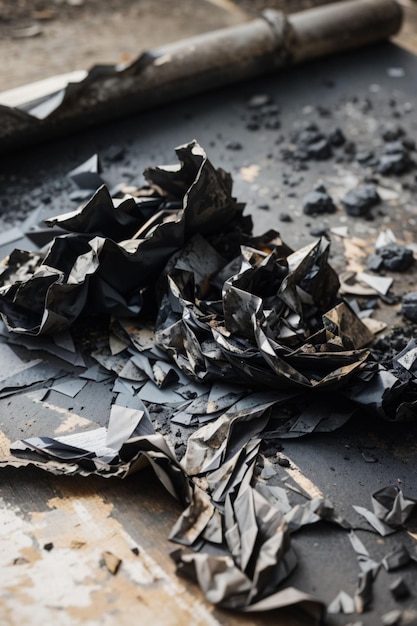 A closeup of a crumpled charred sheet of paper its edges singed and its surface smudged