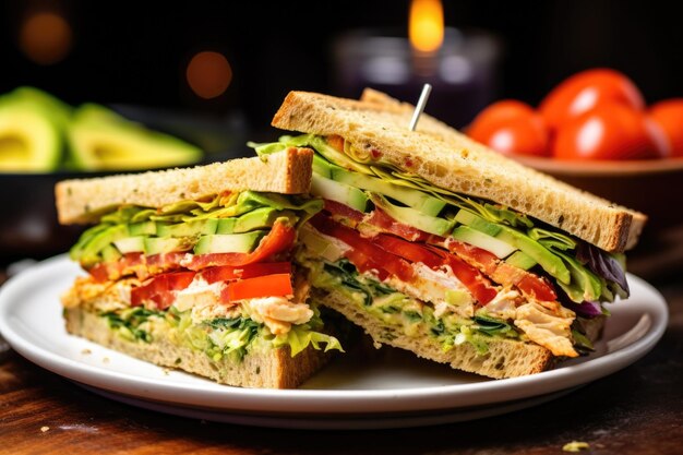 Closeup of crusty bread with fillings of clubhouse sandwich