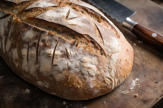 Closeup of crusty loaf of bread with knife marks scoring the surface created with generative ai
