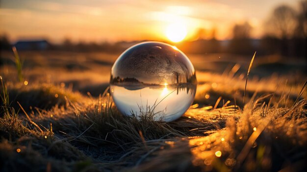 Closeup of crystal ball on field during sunset