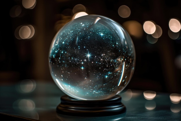 Closeup of crystal ball with stars and galaxies visible in the reflection created with generative ai