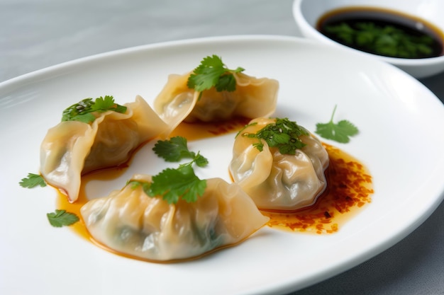 Closeup of crystal shrimp dumplings with dipping sauce and cilantro on a white plate