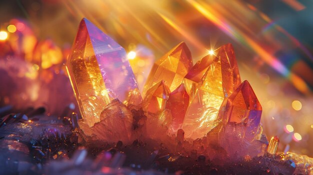 A closeup of a crystal with beams of sunlight refracting through its facets and casting rainbows on