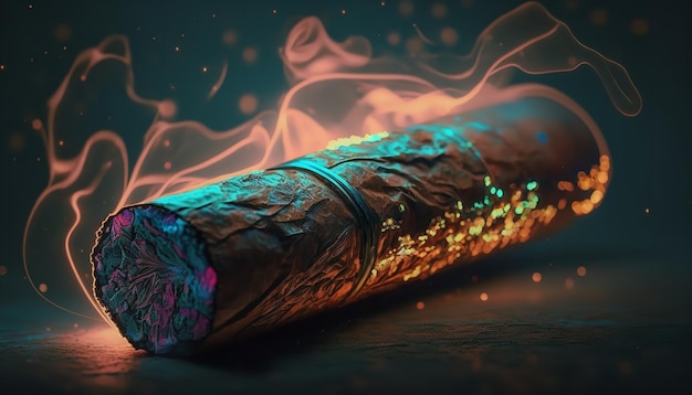 A closeup of a Cuban cigar with smoke atmospheric lighting and a background Generative Ai