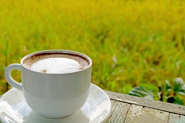 Primo piano una tazza del caffè del cappuccino con il campo di erba confuso