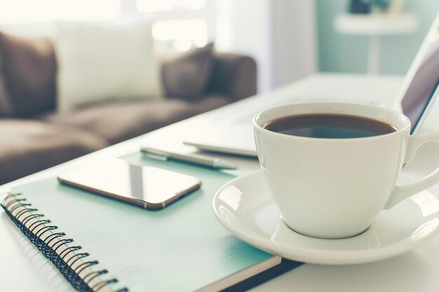 closeup of a cup of coffee a notebook and pen and a smartphone on a white desk indoors