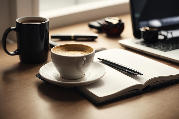 Closeup of a cup of coffee a notebook and pen and a smartphone on a white desk indoors