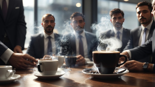 A closeup of a cup of coffee steam rising from the surface surrounded by a group of people in business attire discussing their next move in the meeting