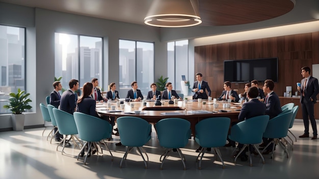 A closeup of a cup of coffee steam rising from the surface surrounded by a group of people in business attire discussing their next move in the meeting