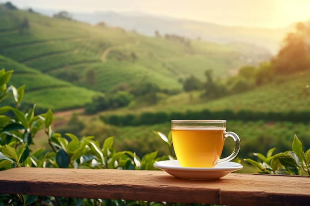 closeup cup of hot tea and tea leaf on the wooden table and the tea plantations background