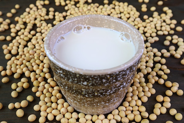 Closeup a Cup of Soy Milk on Heap of Raw Soybeans