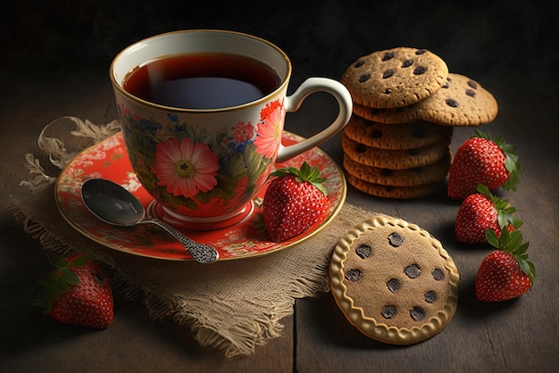 a closeup of a cup of tea some biscuits and some strawberries