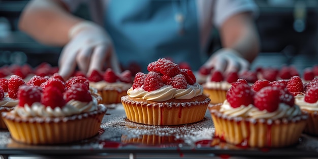 Closeup of Cupcake Tray With Raspberry Toppings