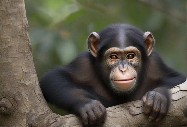 A closeup of a curious young chimpanzee perched on a tree branch ai generated