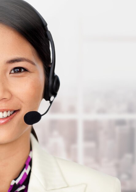 Closeup customer service woman in headset